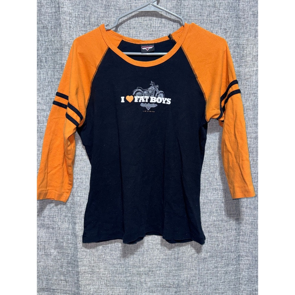 Harley Davidson Cafe Las Vegas I Heart Fat Boys Raglan Tee Black Orange